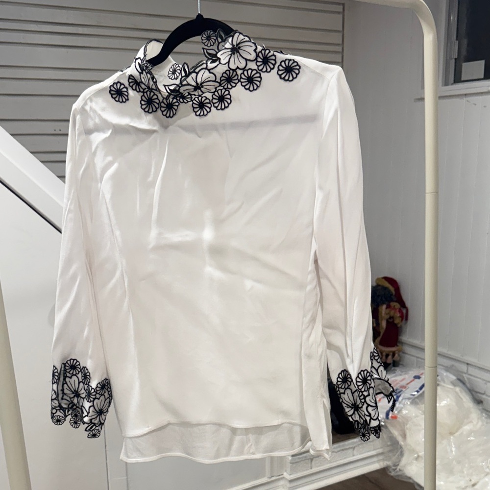 Foxiedox White Blouse with Black Floral Accents
